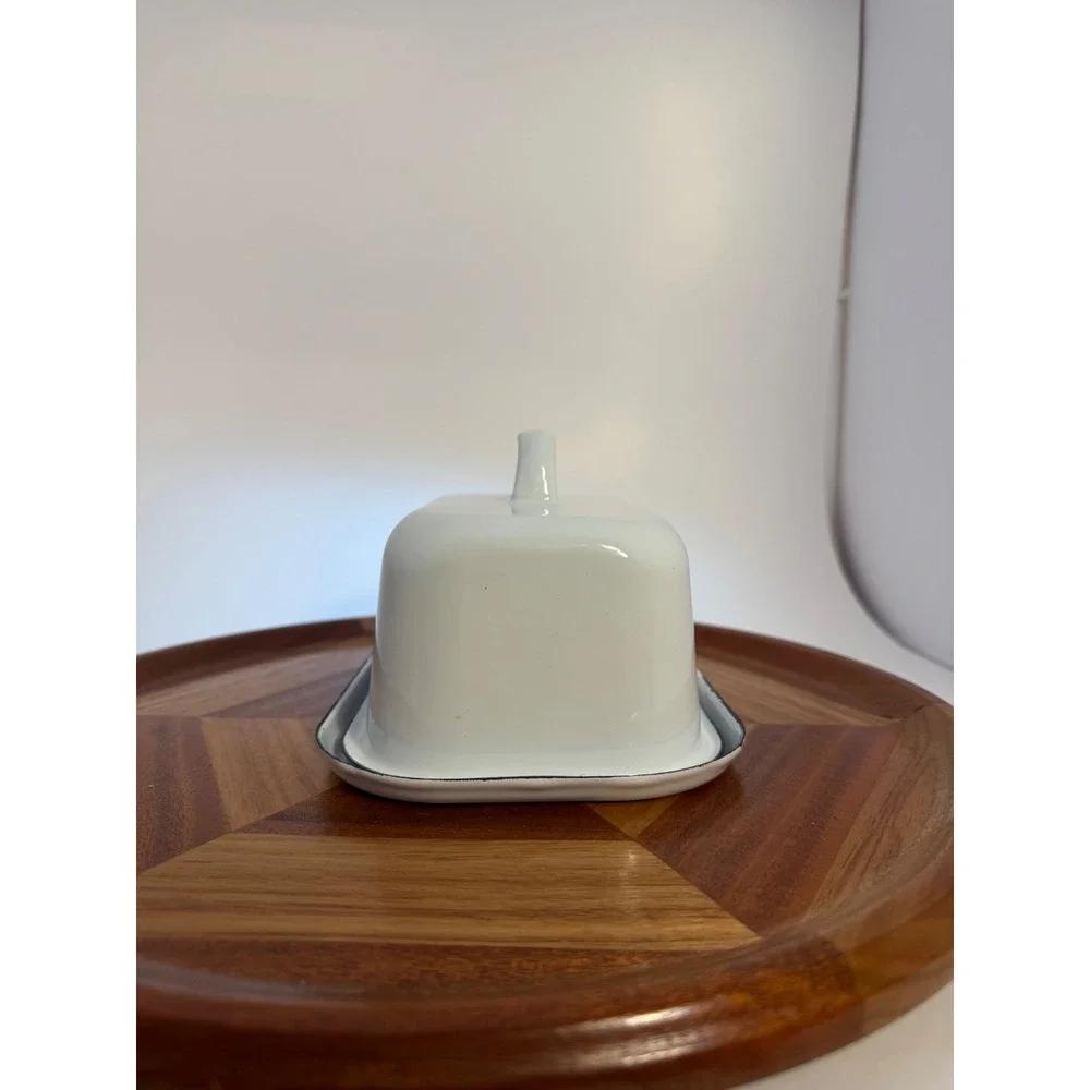 Vintage Farmhouse White Enamel Butter Dish with Lid and Handle Black Rim 6 inch